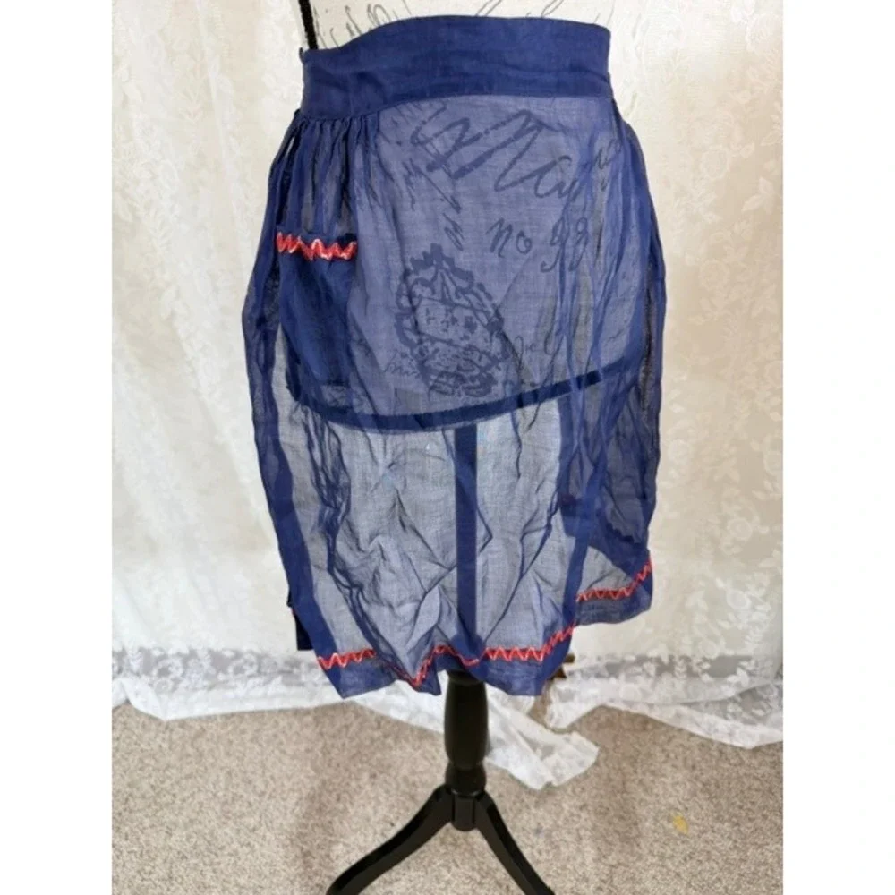 Vintage Sheer Navy Blue Half Apron Red Rick Rack Trim Pocket Retro Kitchen